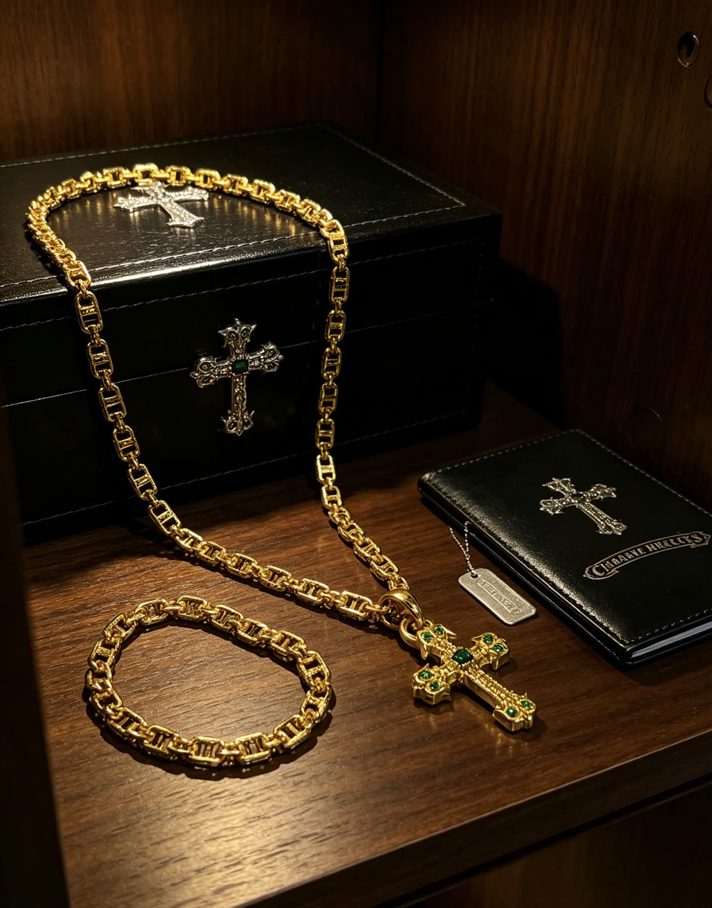 Chrome Hearts Gold-Plated Cross Pendant Necklace with Emerald Accents